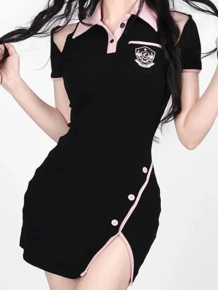 School Y2k Kawaii Black Dress Bodycon Korean Style Polo Caollar Off Shoulder Long Sleeve Short Dresses Autumn