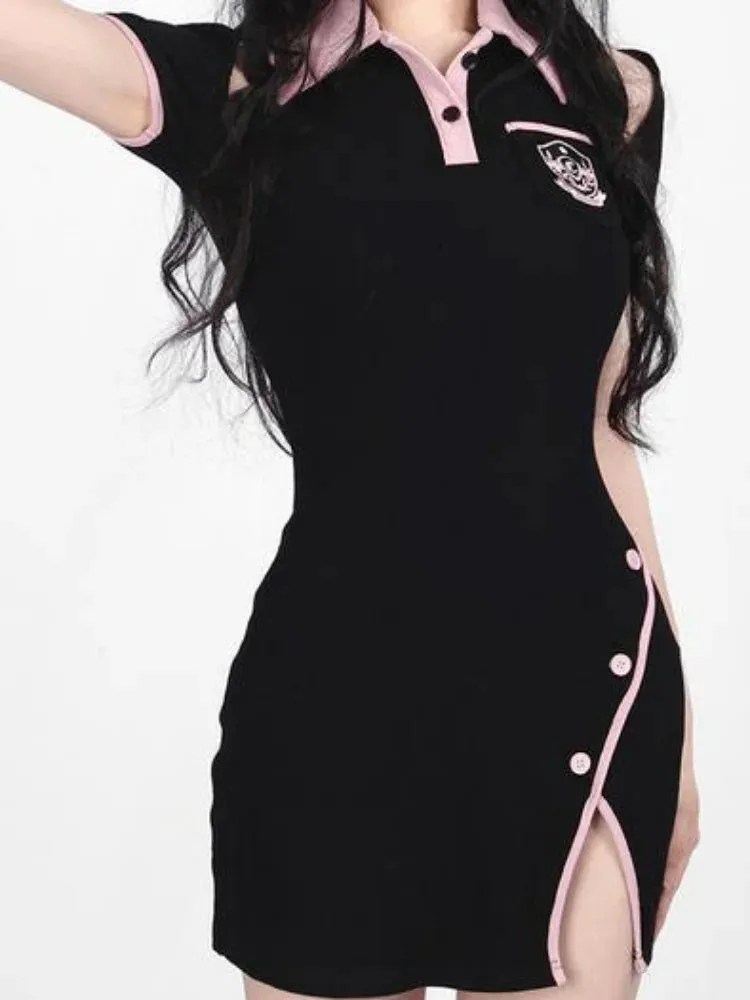 School Y2k Kawaii Black Dress Bodycon Korean Style Polo Caollar Off Shoulder Long Sleeve Short Dresses Autumn