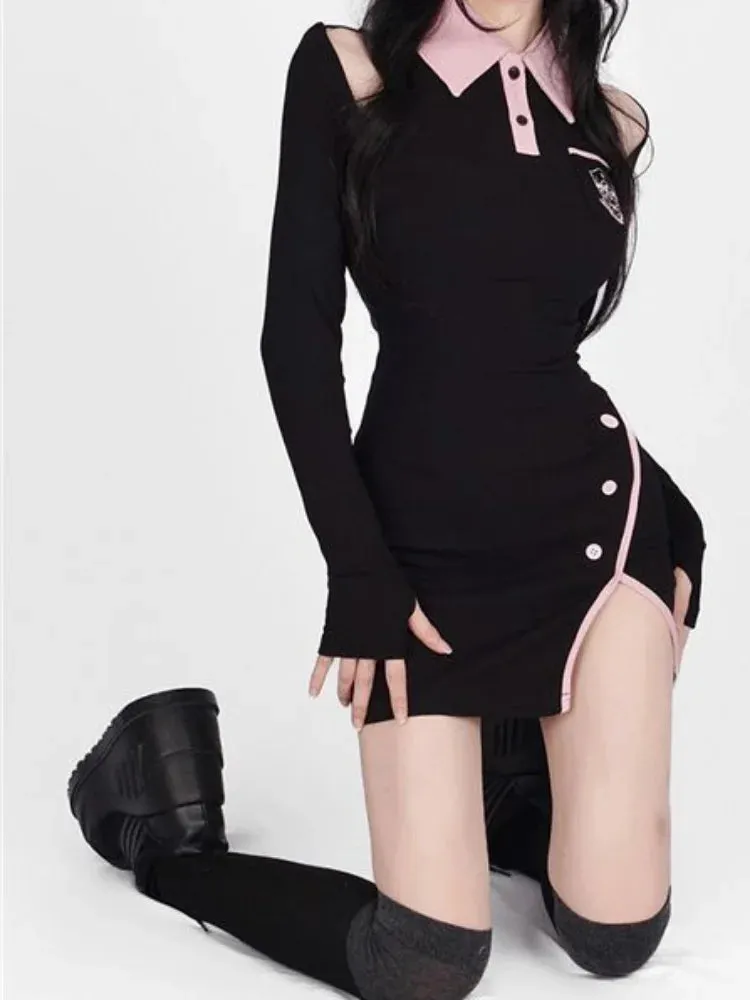 School Y2k Kawaii Black Dress Bodycon Korean Style Polo Caollar Off Shoulder Long Sleeve Short Dresses Autumn