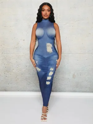 Sexy Blue Distressed Denim Look Bodycon Dress