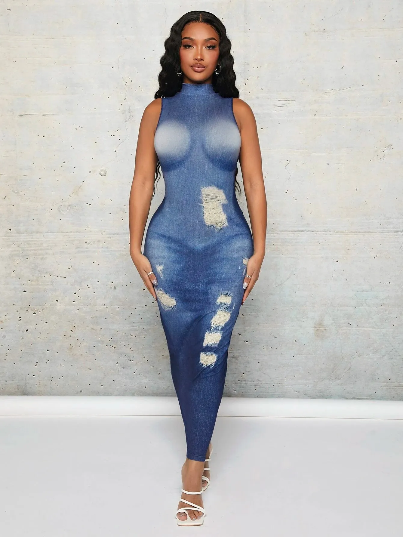 Sexy Blue Distressed Denim Look Bodycon Dress