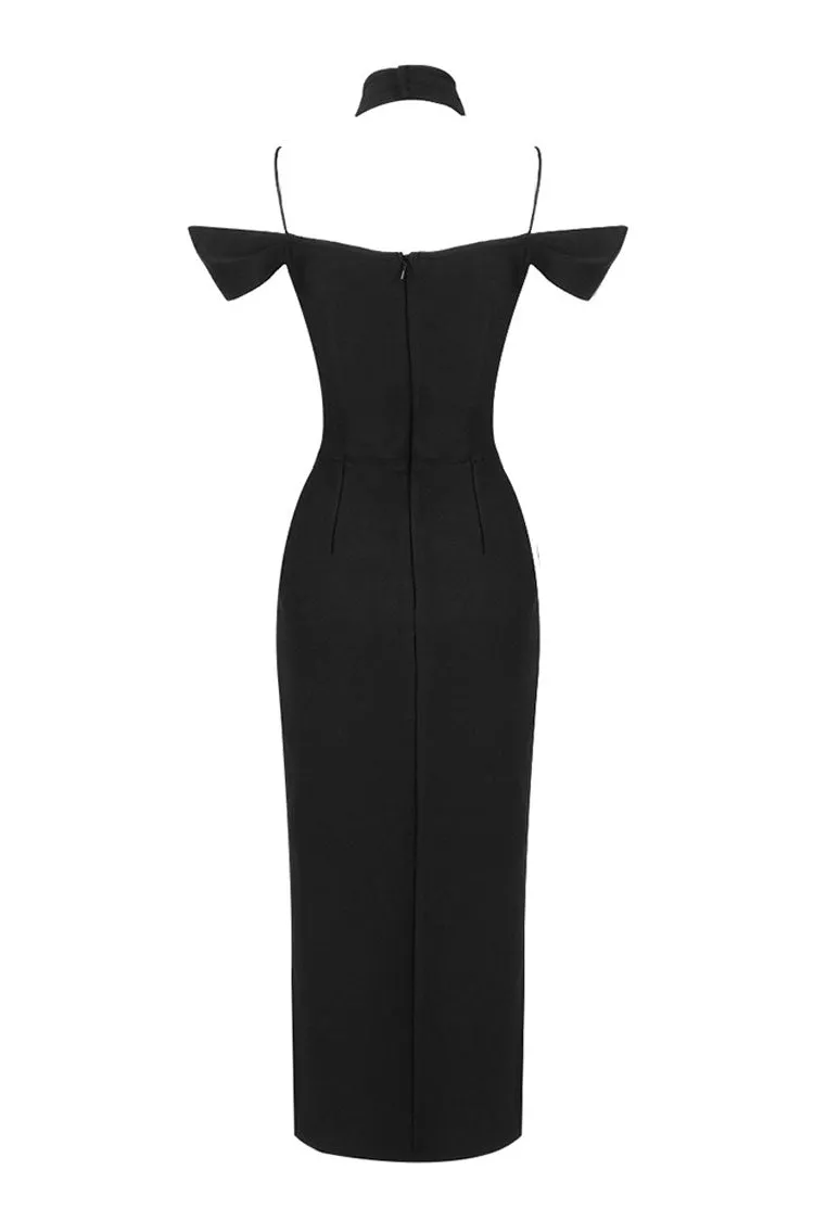 Sexy Halter V Neck Cutout Shoulder Bandage Split Cocktail Midi Dress - Black