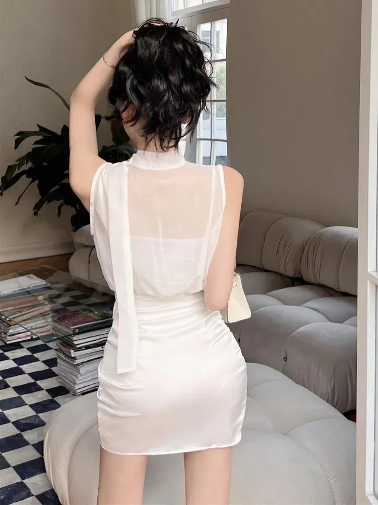 Sexy Lace Mesh White Satin Dress Bodycon Summer Sundress Beach Casual Elegant Short Dresses Women New In