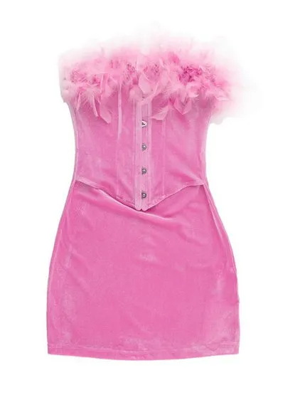 Sexy Pink Velvet Feather Corset Mini Dress