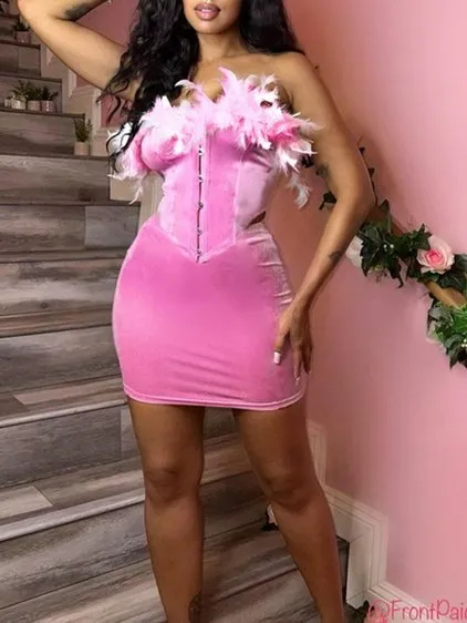 Sexy Pink Velvet Feather Corset Mini Dress