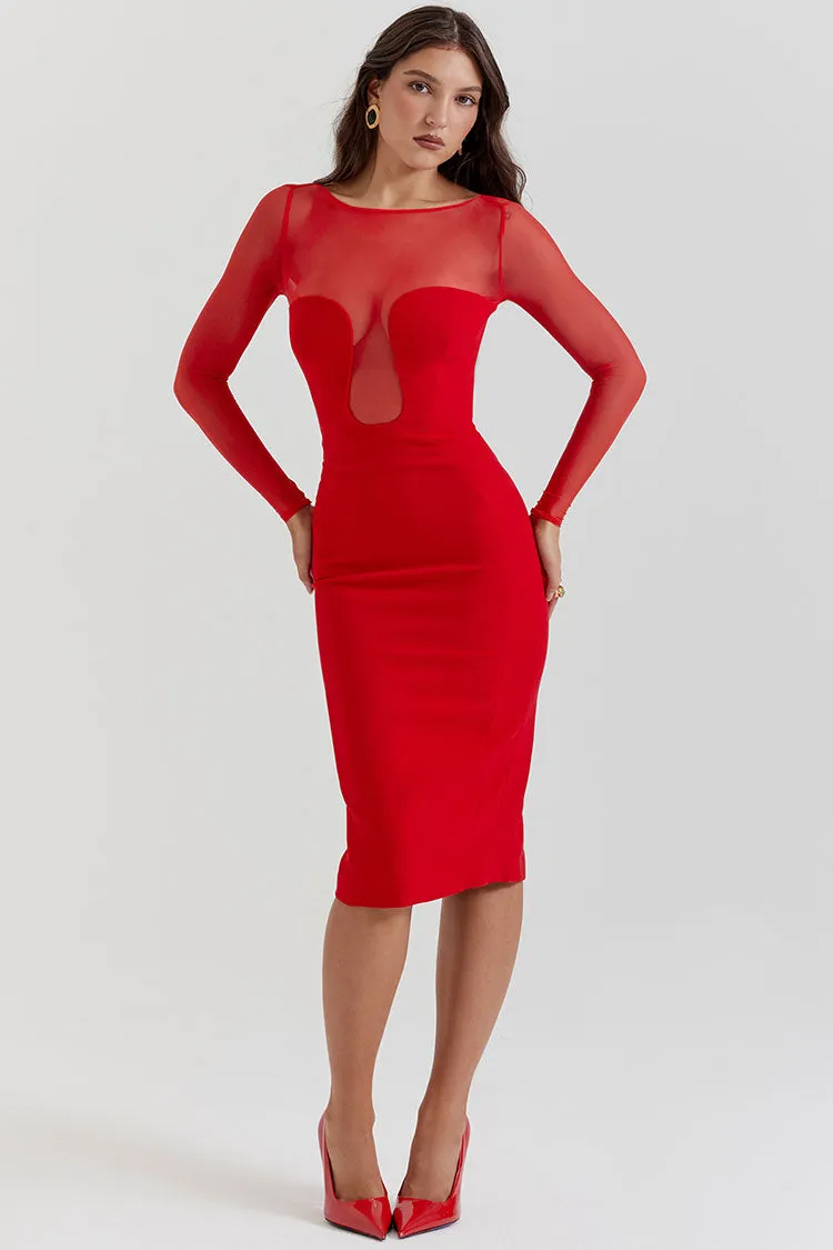 Sexy Sheer Mesh Crew Neck Long Sleeve Bodycon Cocktail Party Midi Dress - Red