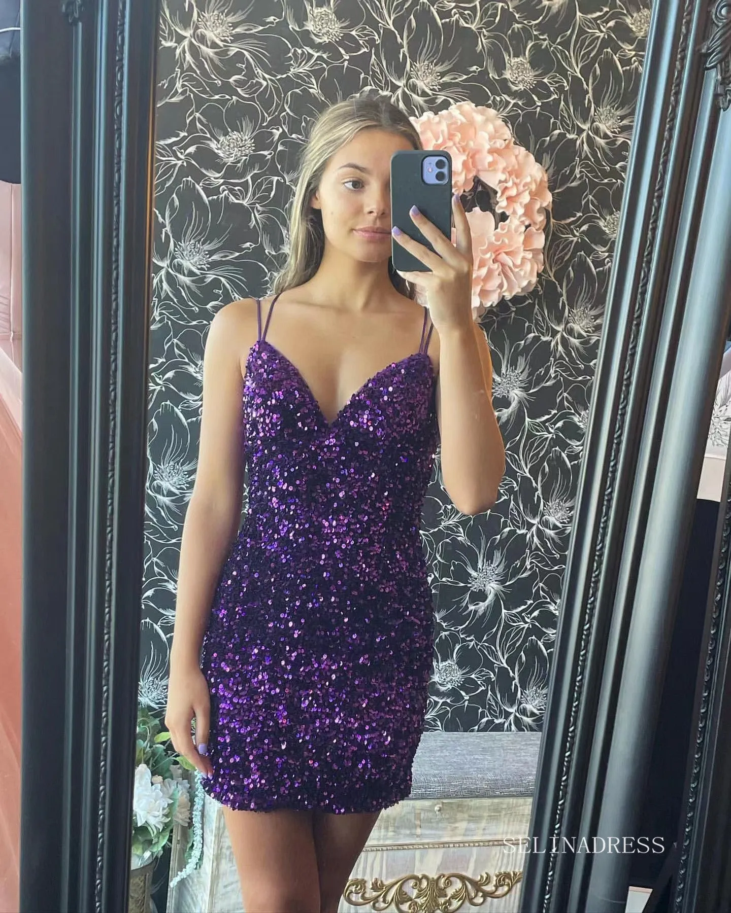 Sheath/Column Grape Homecoming Dresses Sequins Bodycon Mini Cocktail Dresses #TKL015