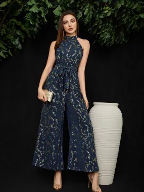 SHEIN Golden Leaf Print Belted Culottes Jumpsuit