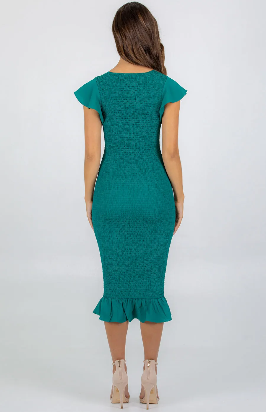 Shirred Midi Dress with  Butterfly Sleeve