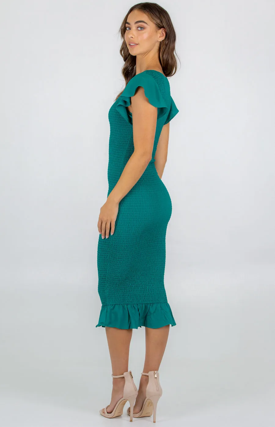 Shirred Midi Dress with  Butterfly Sleeve