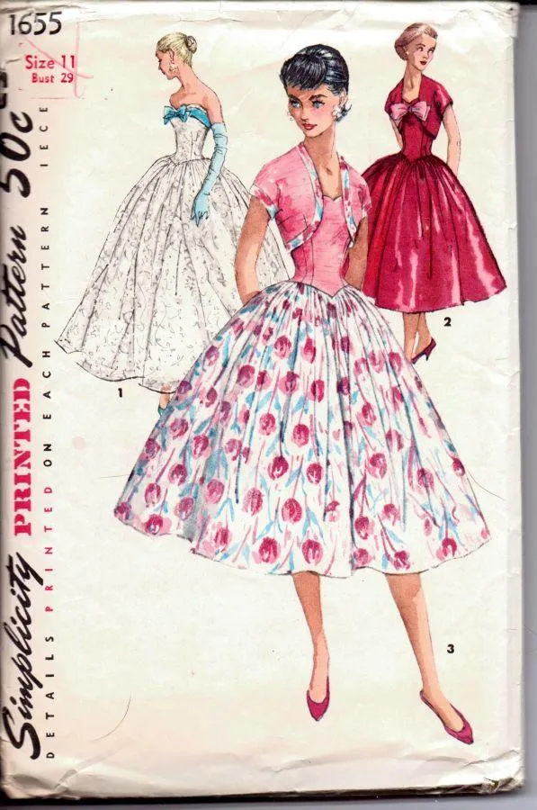 Simplicity 1655 Vintage 1950's Sewing Pattern Ladies Sleeveless Cocktail Rockabilly Dress Prom Evening Gown Bolero Jacket