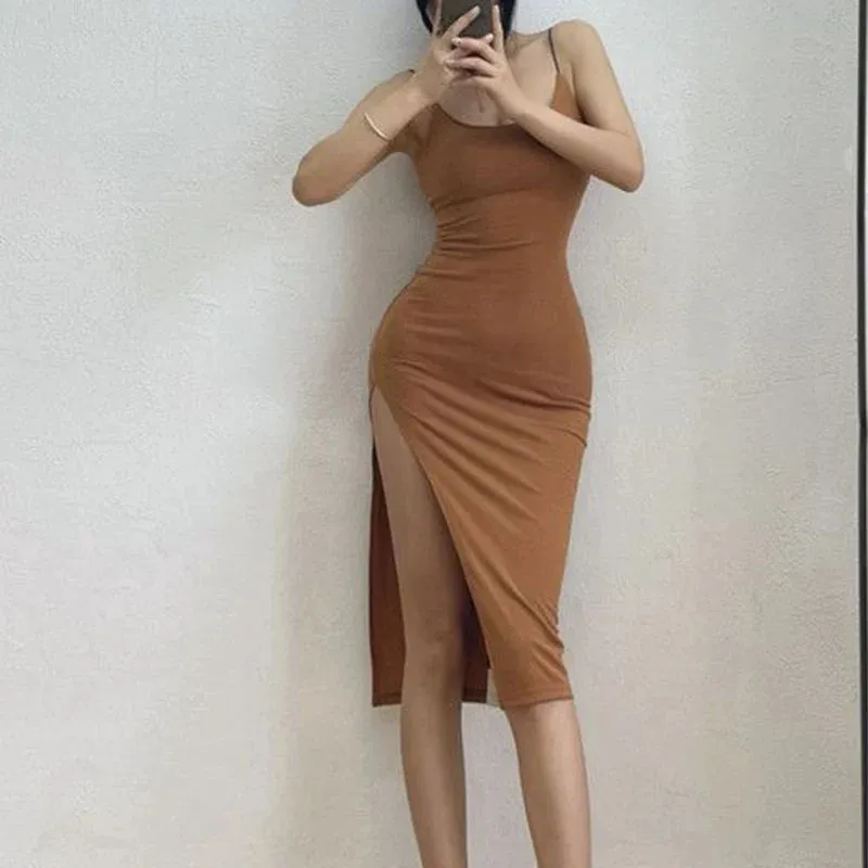 Sleeveless Slim Long Dress Women Party Club High Split Spaghetti Strap Dresses Bodycon Dress