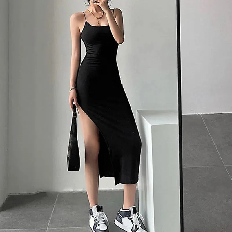 Sleeveless Slim Long Dress Women Party Club High Split Spaghetti Strap Dresses Bodycon Dress