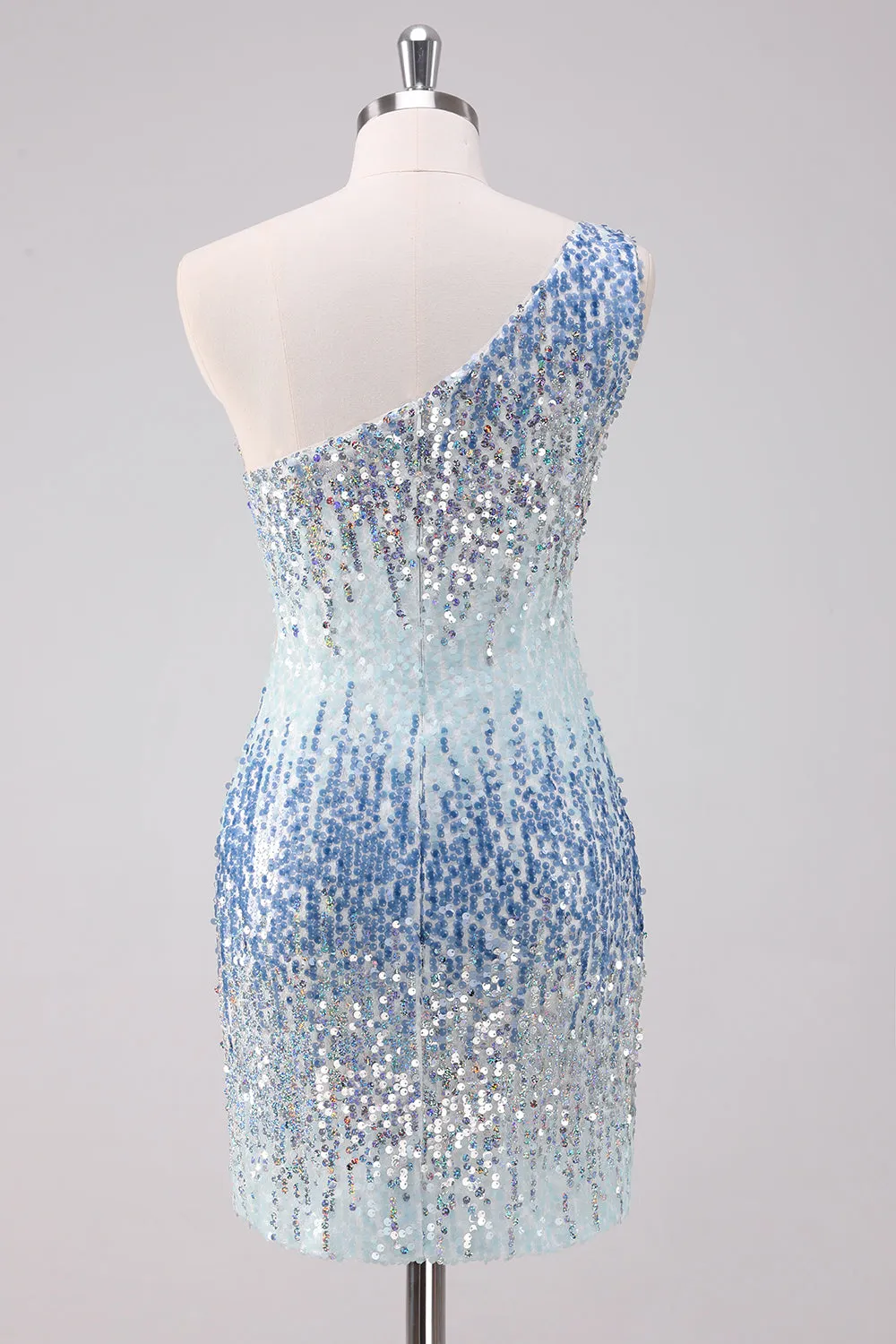 Sparkly Light Blue One Shoulder Sequins Bodycon Mini Dress