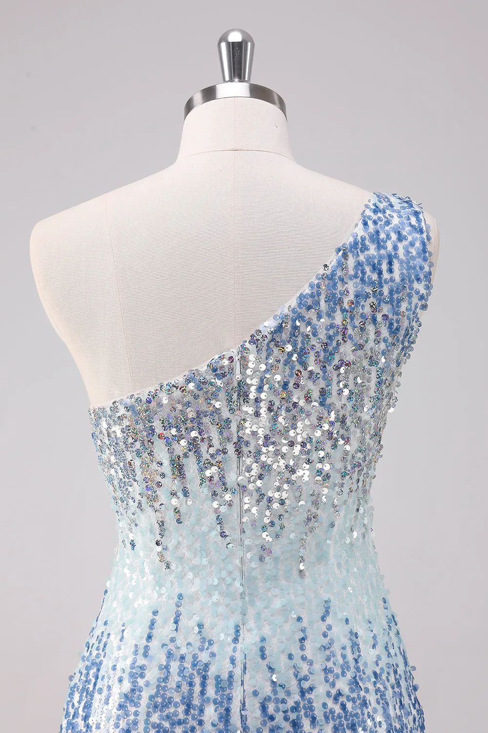 Sparkly Light Blue One Shoulder Sequins Bodycon Mini Dress