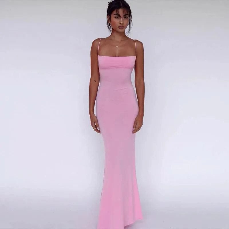 Spring Solid Sleeveless Backless Elegant Bodycon Maxi Prom Dress Women Clothes Birthday Party Casual dress