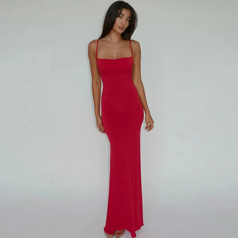 Spring Solid Sleeveless Backless Elegant Bodycon Maxi Prom Dress Women Clothes Birthday Party Casual dress