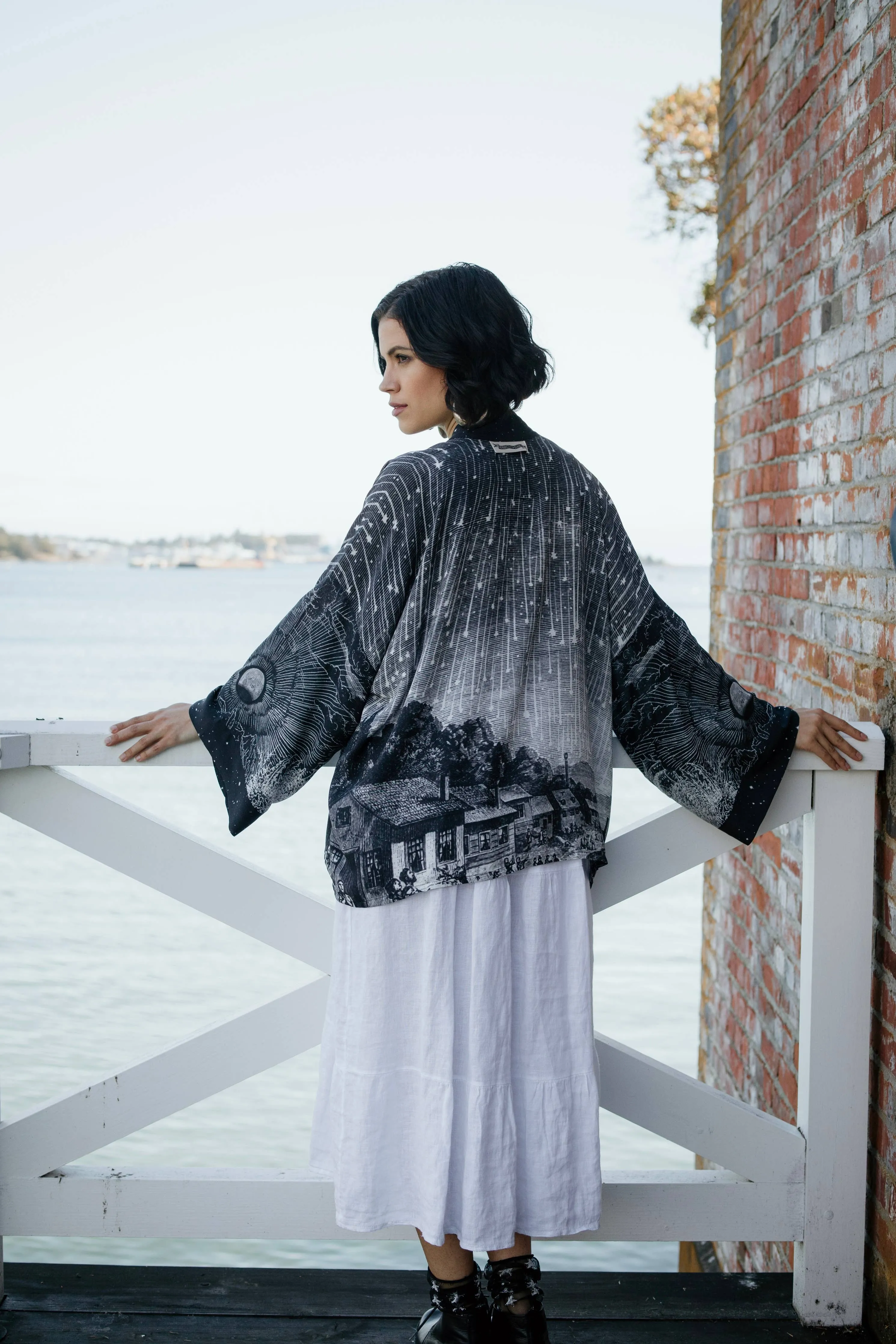 Stargazer Cropped Bamboo Kimono Cardigan with Falling Stars