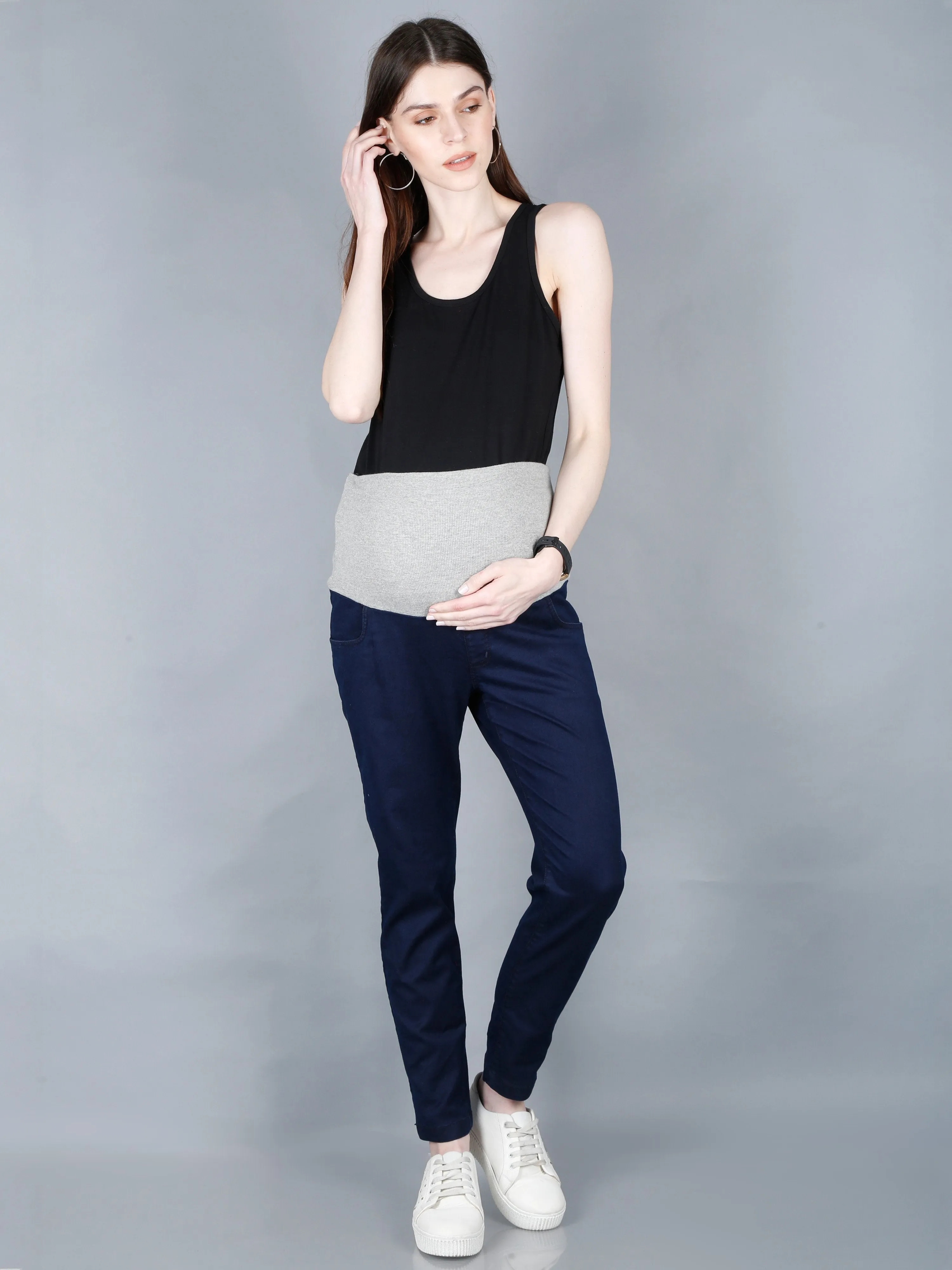 Stretchable Denims with Belly Support- Navy Blue