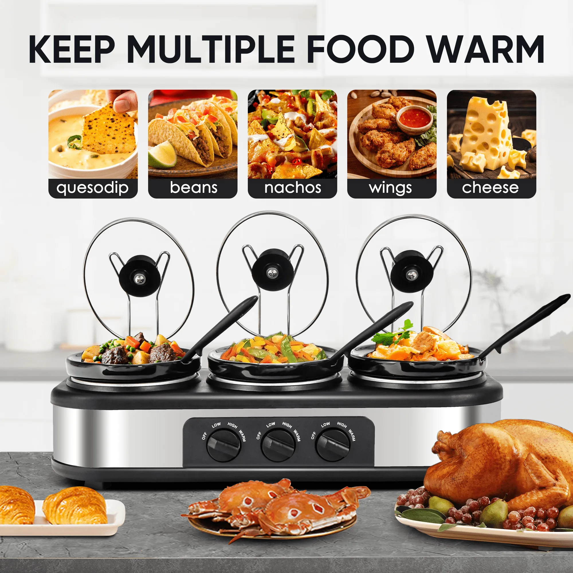 Superjoe 4.5QT Electric Slow Cooker 3 in 1, 3-Pots Stainless Steel Buffet Server Food Slow Cooker With Adjustable Temp Removable Lid Rests Triple Pot, Black