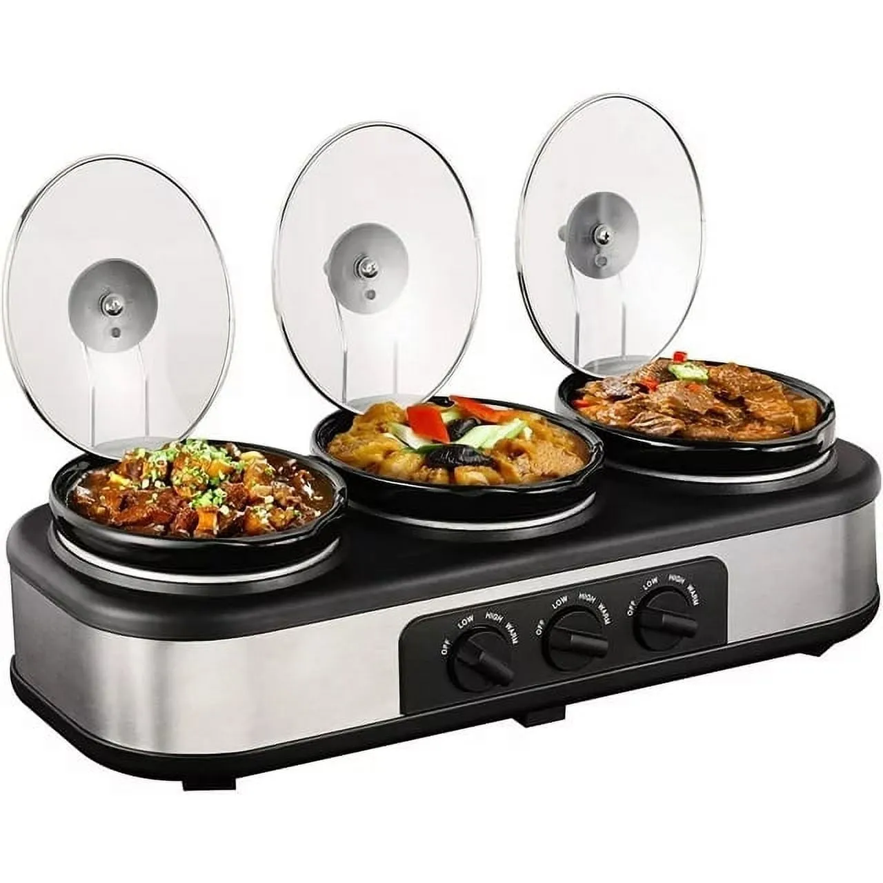 Superjoe 4.5QT Electric Slow Cooker 3 in 1, 3-Pots Stainless Steel Buffet Server Food Slow Cooker With Adjustable Temp Removable Lid Rests Triple Pot, Black