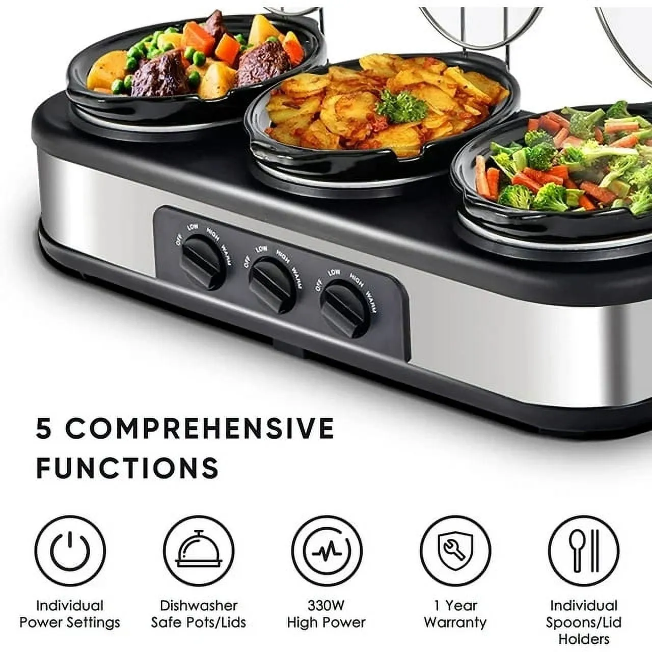 Superjoe 4.5QT Electric Slow Cooker 3 in 1, 3-Pots Stainless Steel Buffet Server Food Slow Cooker With Adjustable Temp Removable Lid Rests Triple Pot, Black