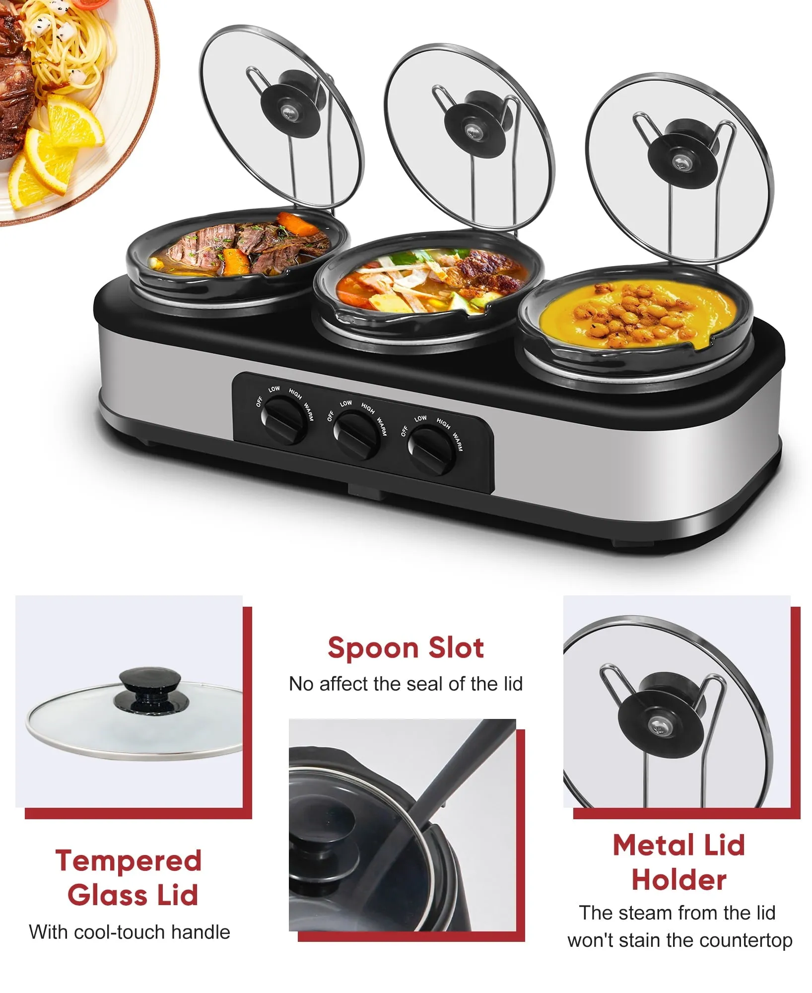 Superjoe 4.5QT Electric Slow Cooker 3 in 1, 3-Pots Stainless Steel Buffet Server Food Slow Cooker With Adjustable Temp Removable Lid Rests Triple Pot, Black