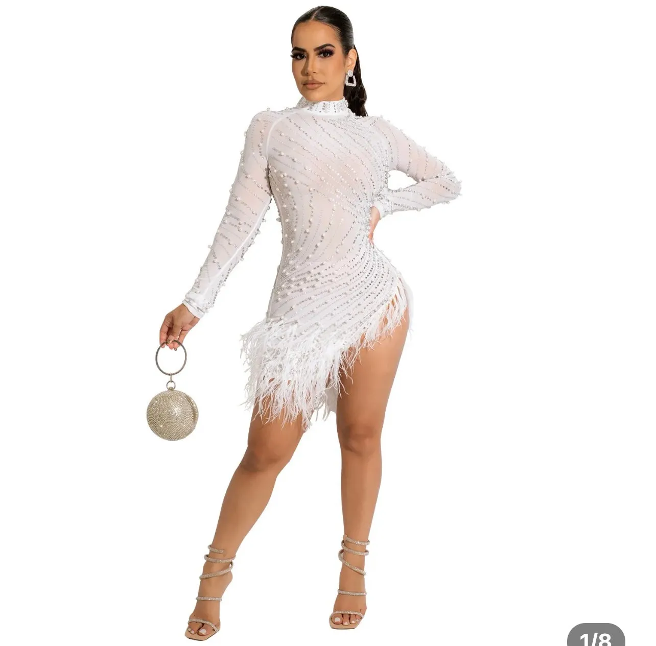 Tassel Sheer Mesh Long Sleeve Rhinestone Bodycon Mini Dress White