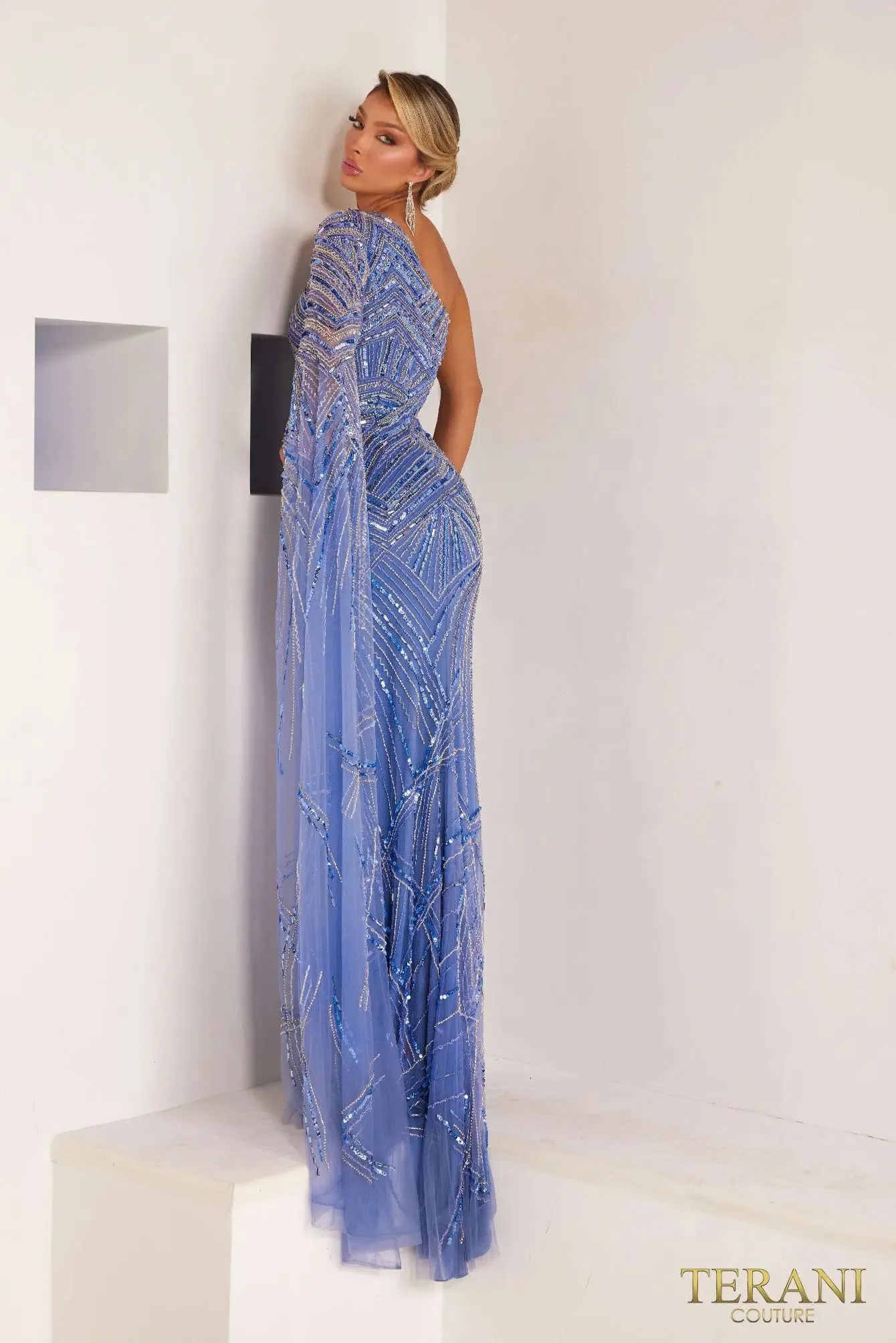 Terani - 241GL2634: One Shoulder Crystal Embellished Evening Dress