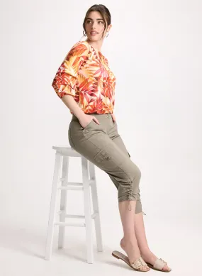 Tropical Pinched Sleeve Top & Drawstring Hem Cargo Pants