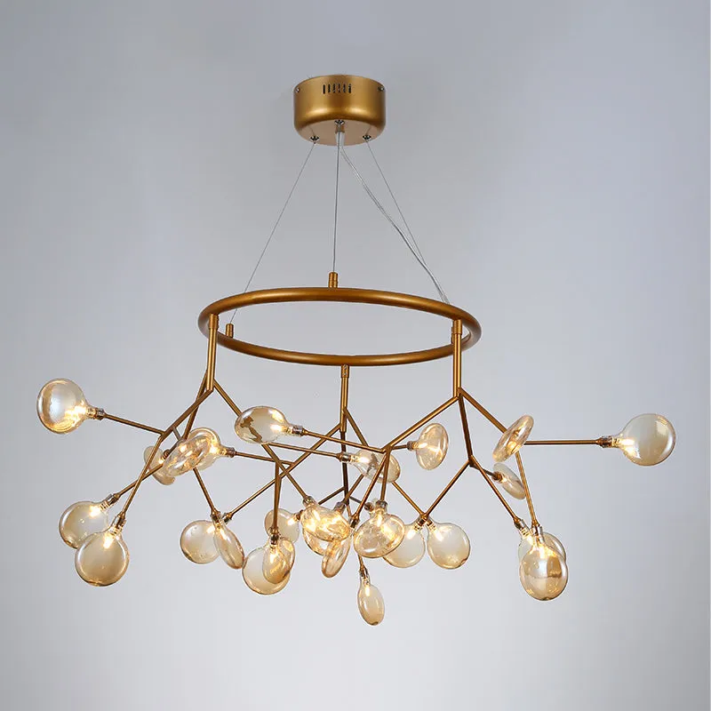 Twig Hanging Glass Chandelier with Metal Ring - Postmodern Bedroom Ceiling Light