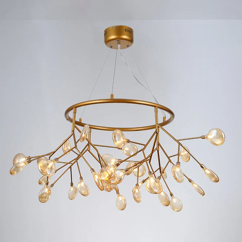 Twig Hanging Glass Chandelier with Metal Ring - Postmodern Bedroom Ceiling Light