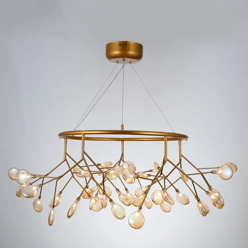 Twig Hanging Glass Chandelier with Metal Ring - Postmodern Bedroom Ceiling Light