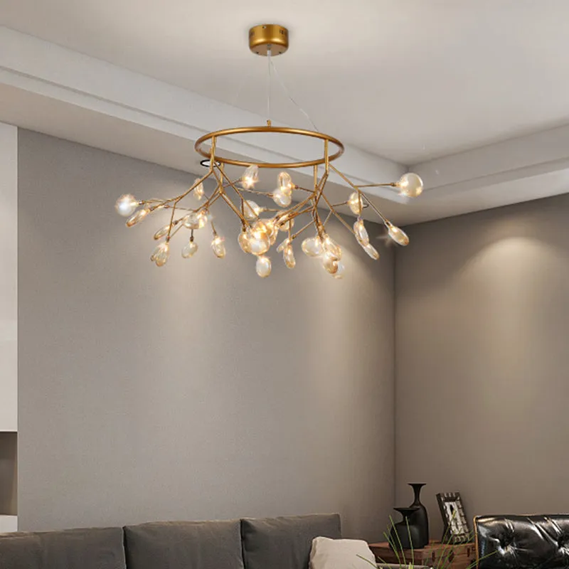 Twig Hanging Glass Chandelier with Metal Ring - Postmodern Bedroom Ceiling Light