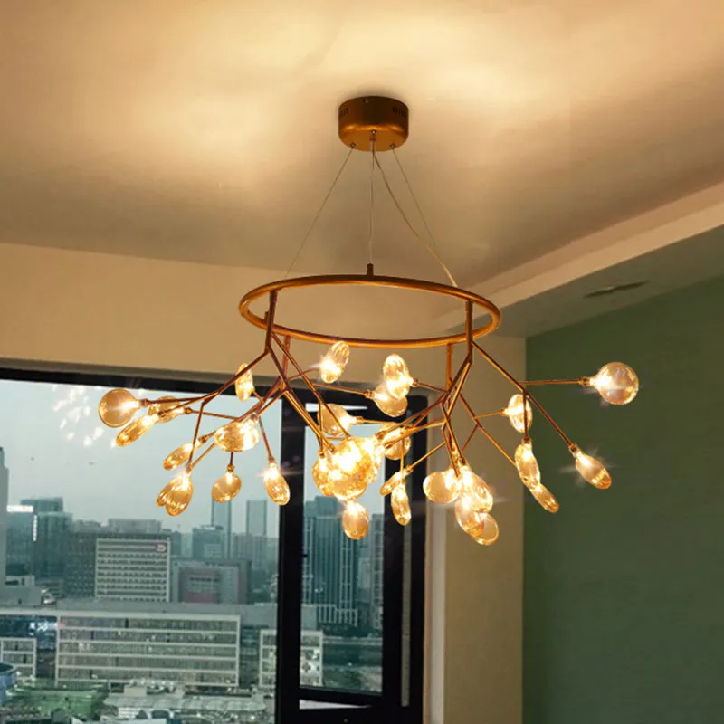 Twig Hanging Glass Chandelier with Metal Ring - Postmodern Bedroom Ceiling Light