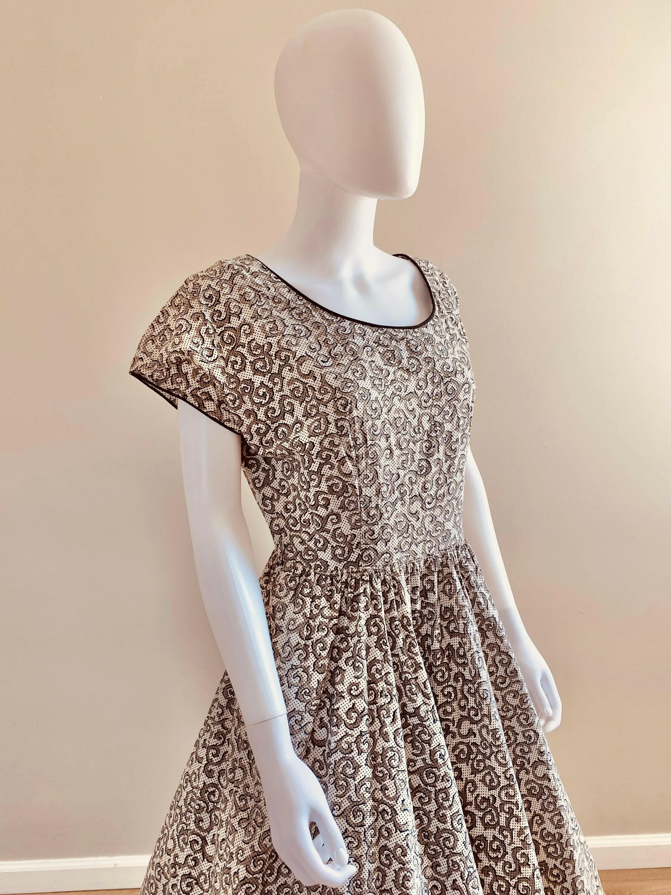 Vintage 1950s Black and White Cotton Day Dress with Rhinestones / 50s retro polka dot fit and flare casual dress with pockets / Size S