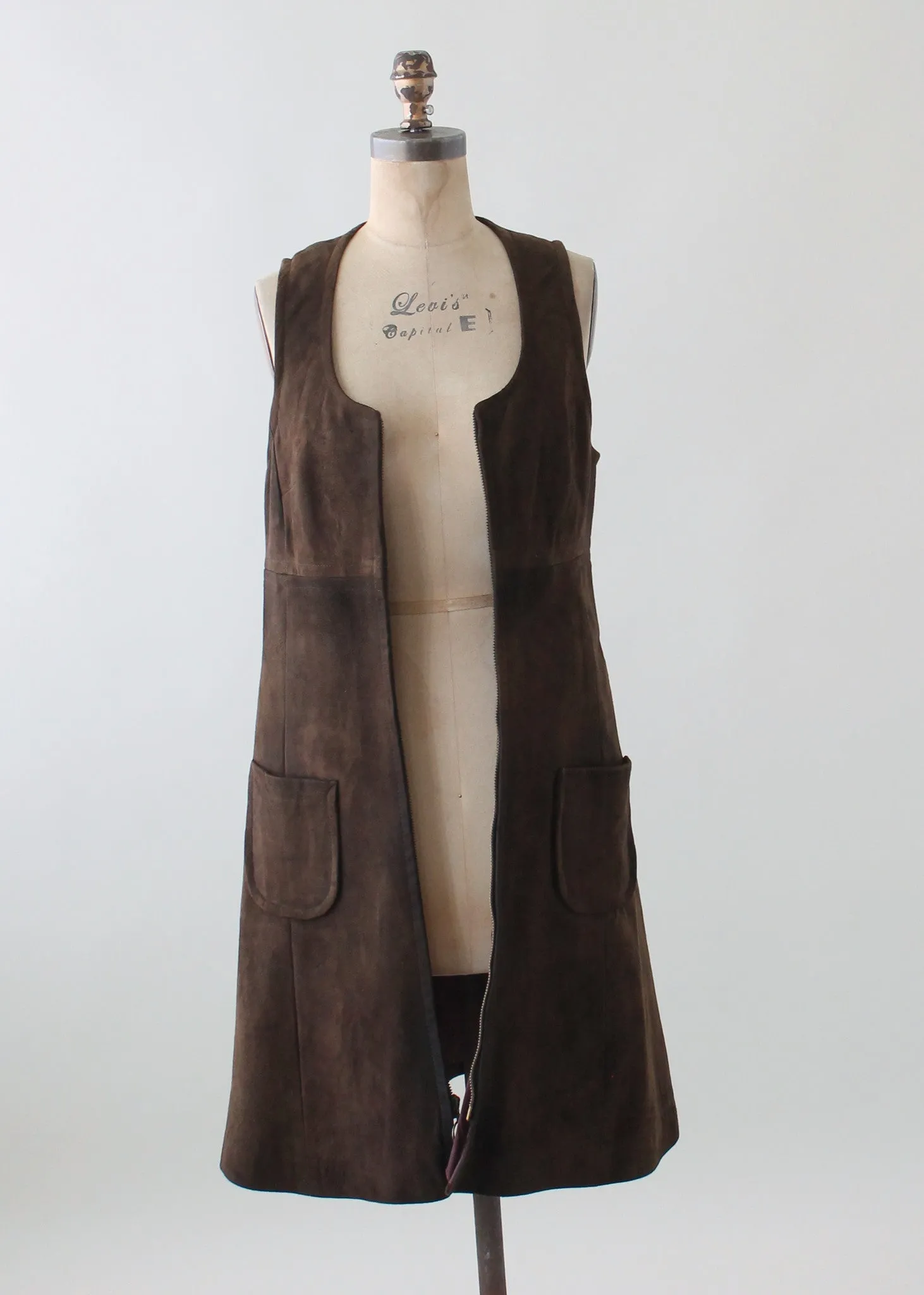 Vintage 1960s Brown Suede Zip Front Jumper Dress