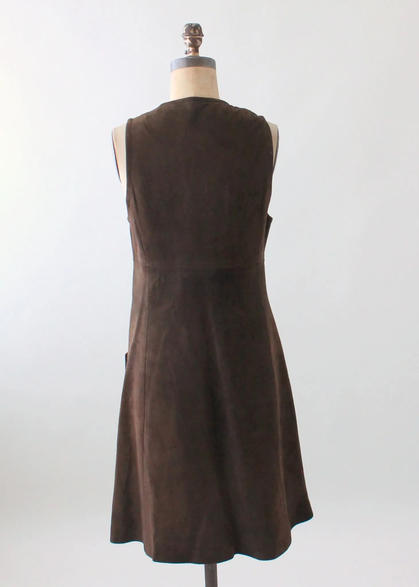 Vintage 1960s Brown Suede Zip Front Jumper Dress