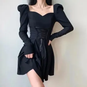 Vintage Bandage Black Mini Dress Women French Puff Sleeve Square Collar Short Dresses Bodycon Wrap Party Korean Style