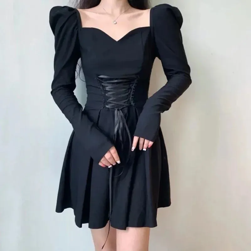 Vintage Bandage Black Mini Dress Women French Puff Sleeve Square Collar Short Dresses Bodycon Wrap Party Korean Style