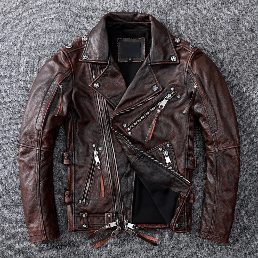 Vintage Brown Motorcycle Leather Jacket - Genuine Cowhide Leather Jacket For Men