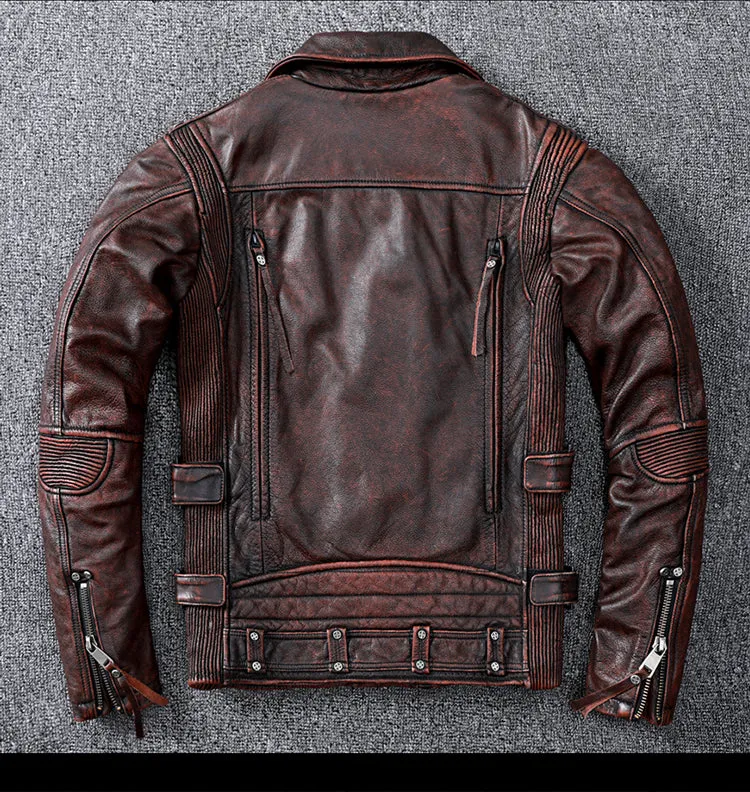 Vintage Brown Motorcycle Leather Jacket - Genuine Cowhide Leather Jacket For Men