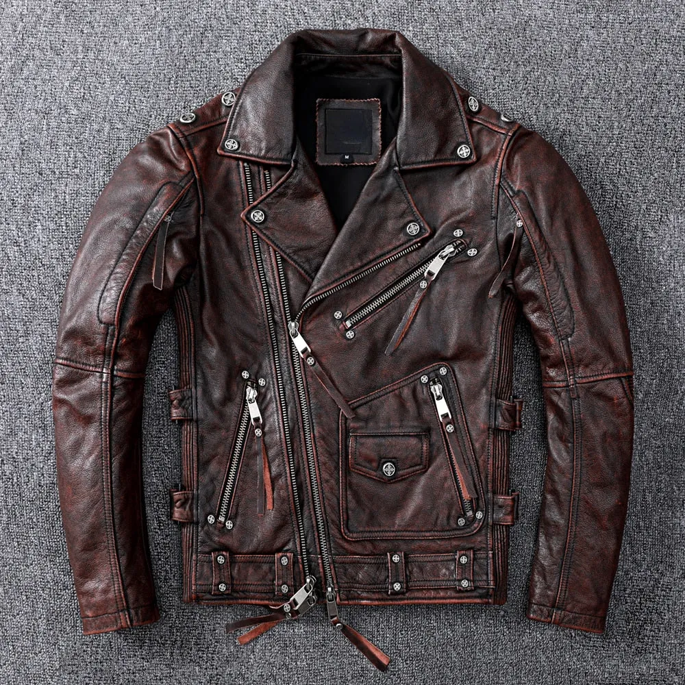 Vintage Brown Motorcycle Leather Jacket - Genuine Cowhide Leather Jacket For Men