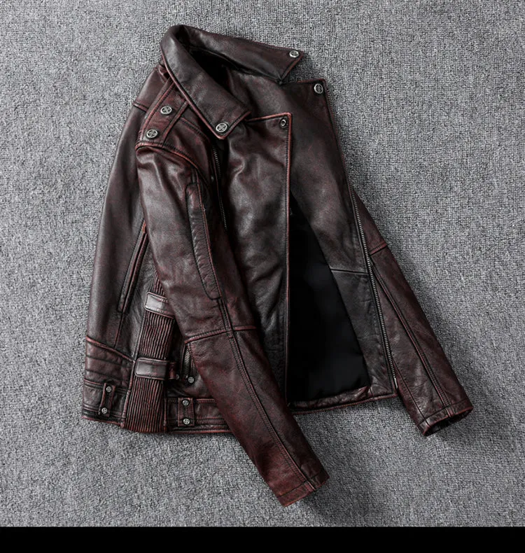 Vintage Brown Motorcycle Leather Jacket - Genuine Cowhide Leather Jacket For Men