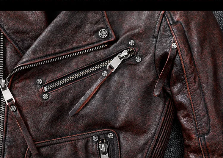 Vintage Brown Motorcycle Leather Jacket - Genuine Cowhide Leather Jacket For Men