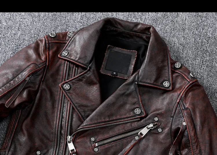 Vintage Brown Motorcycle Leather Jacket - Genuine Cowhide Leather Jacket For Men