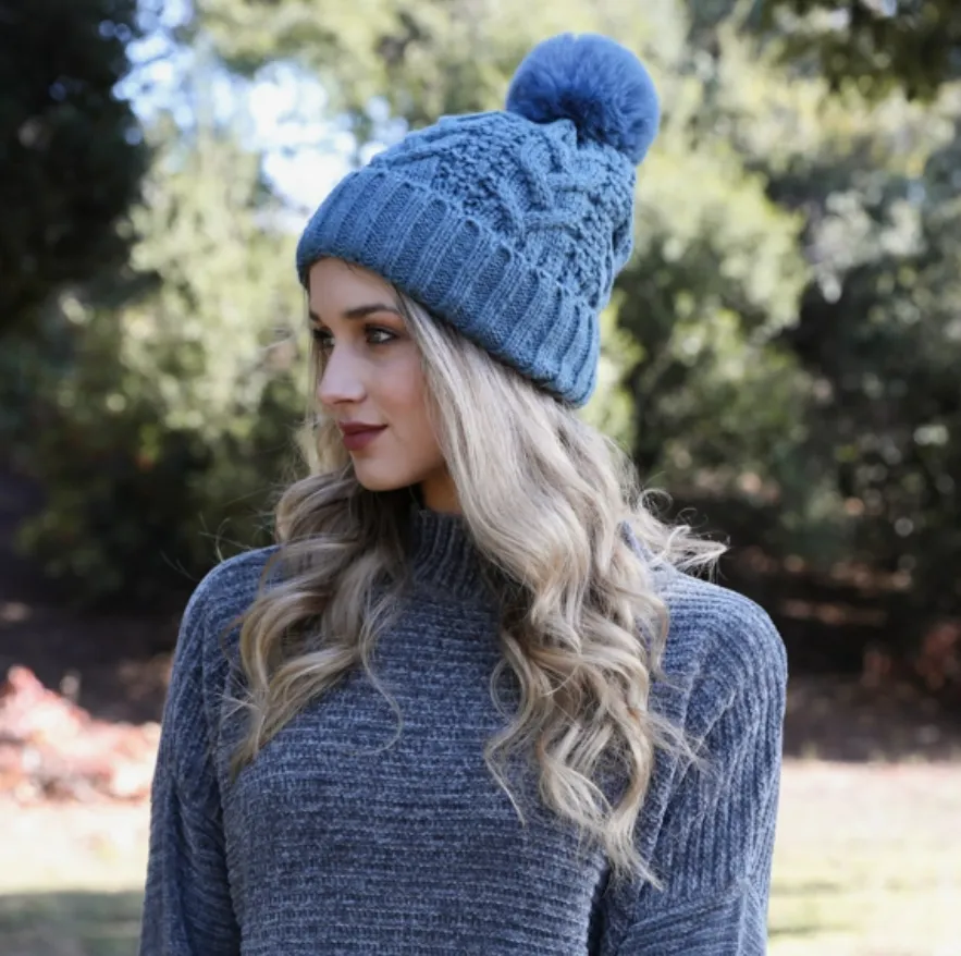 Warm Feels Thermal Lining Cable Knit Faux Fur Pom Beanie