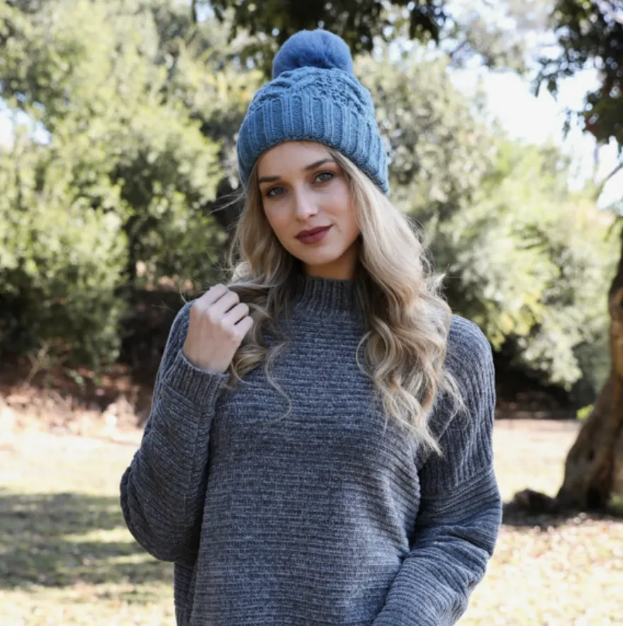 Warm Feels Thermal Lining Cable Knit Faux Fur Pom Beanie