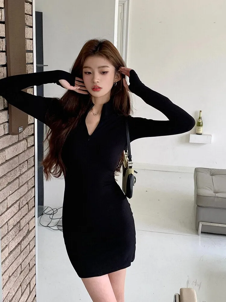 Wenkouban Elegant Fashions Autumn Winter Black Bodycon Dress Women Turtleneck Manners Slim Ribbed Knitted Long Sleeve Mini Dress Vestido