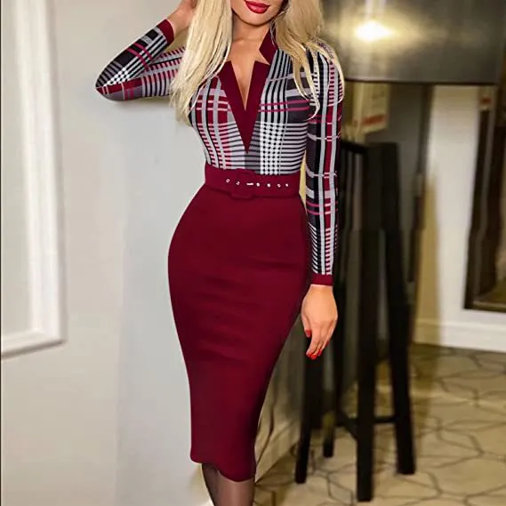 Wenkouban Summer Women Houndstooth V Neck Bodycon Work Dress With Belt 2023 Femme Elegant Short Sleeve Midi Robe Office Lady Outfits traf